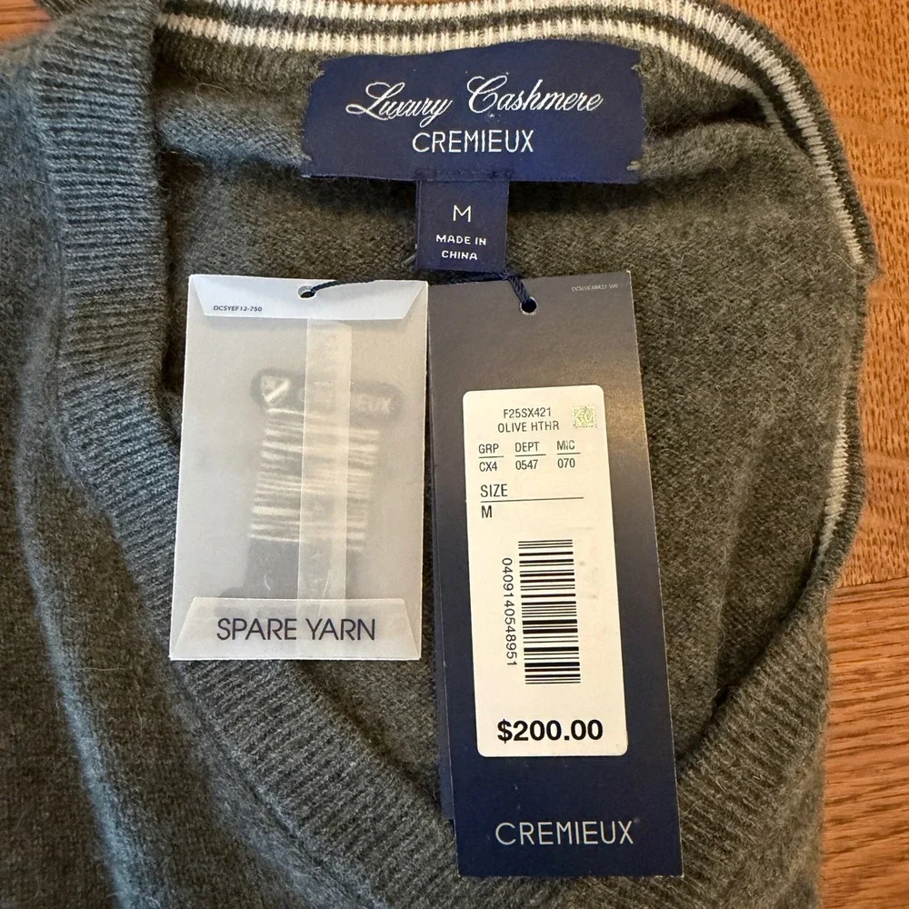 Cremieux 100% Cashmere V-Neck Sweater Mens Medium Olive Heather NWT Classic